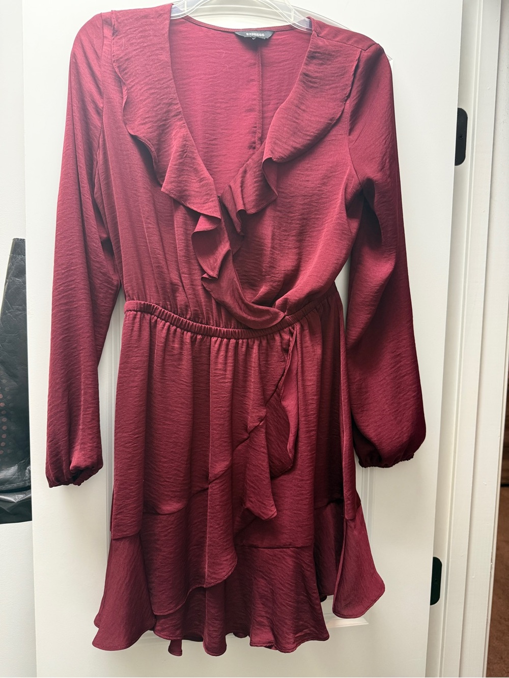 Express Burgundy Long-Sleeve Ruffle Wrap Dress